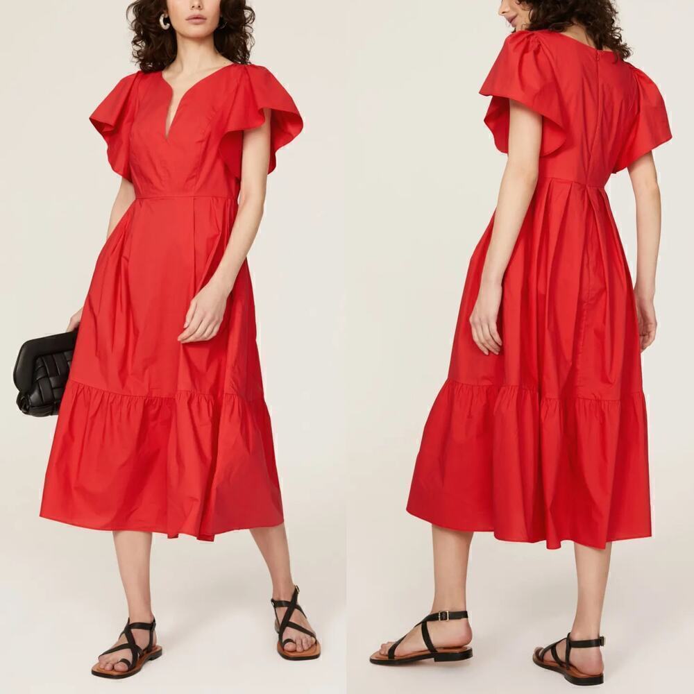 Marissa Webb Dress Flutter Sleeve Split Neck Tiered A-Line Midi Red 8